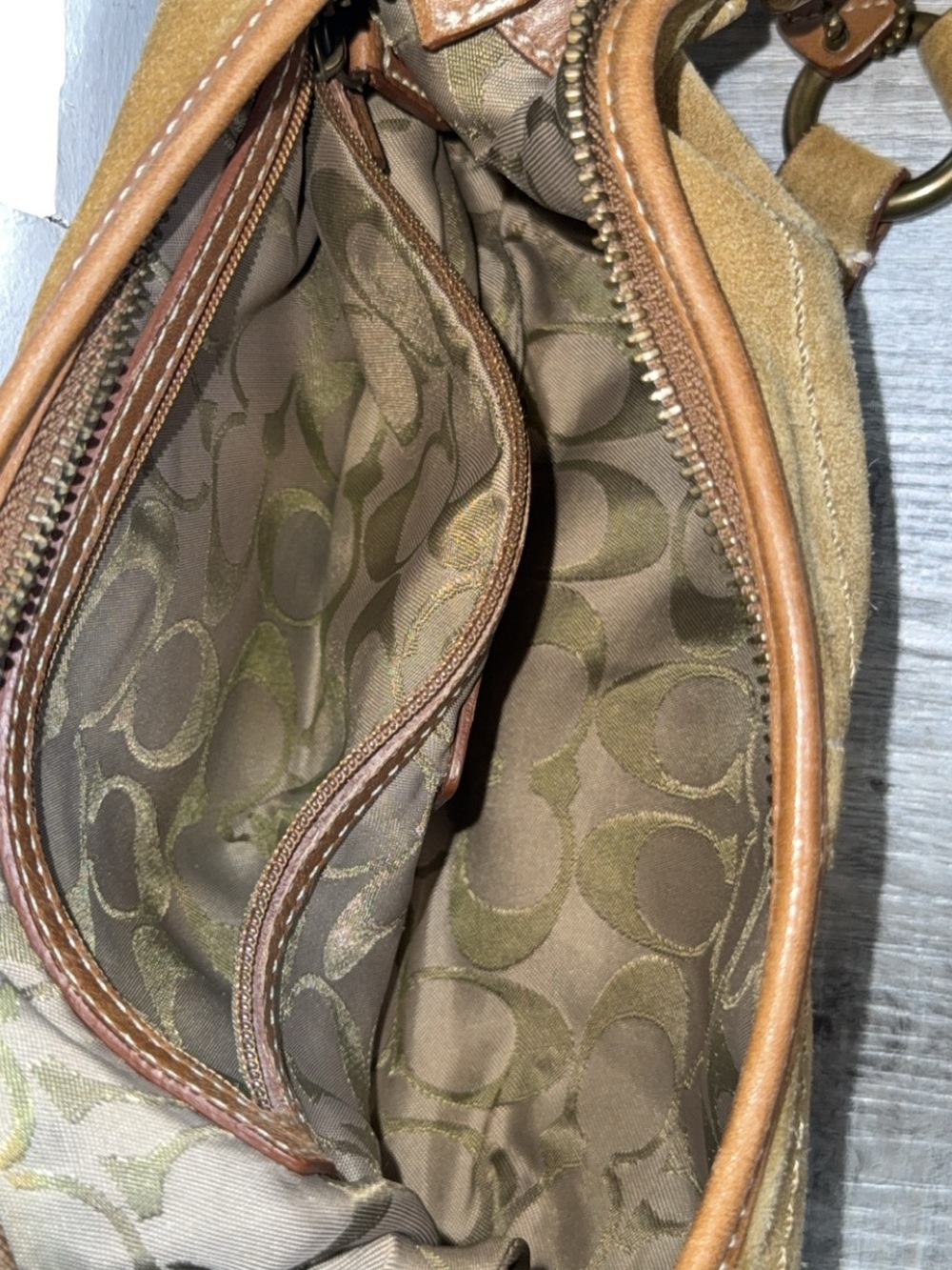 Coach Suede Shoulder Bag in Tan/Brown with Brass Hardware - Picture 5 of 6